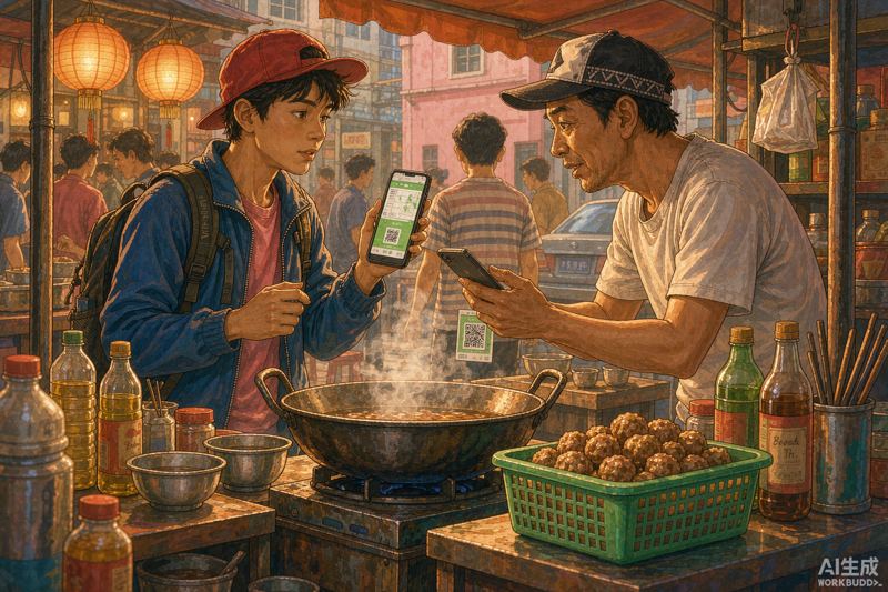 Foreign student paying with WeChat Pay at a Chinese night-market food stall