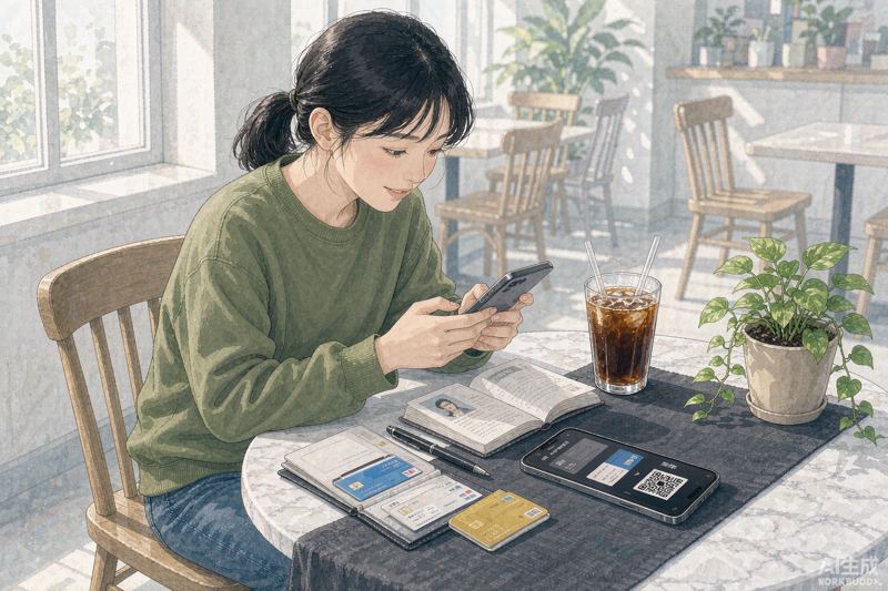 Student setting up WeChat Pay at a cafe table with passport, bank card and smartphone