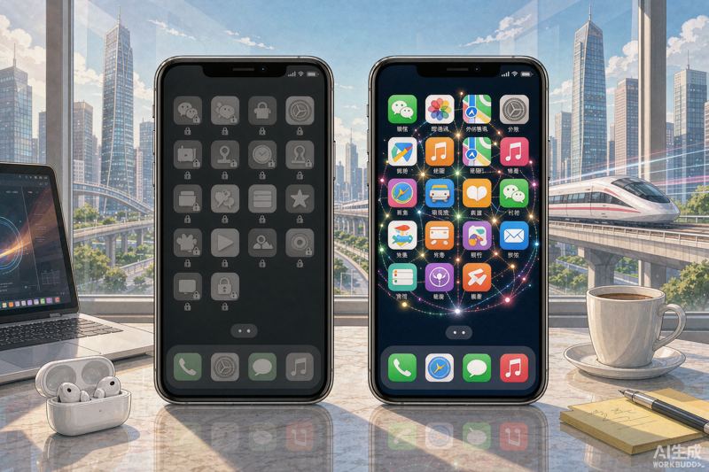Two phones showing blocked international apps versus local Chinese apps with a city skyline behind