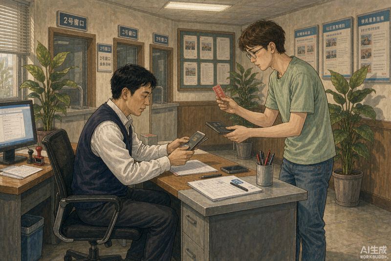 Police registration in China - foreign visitor handing passport at a community service office