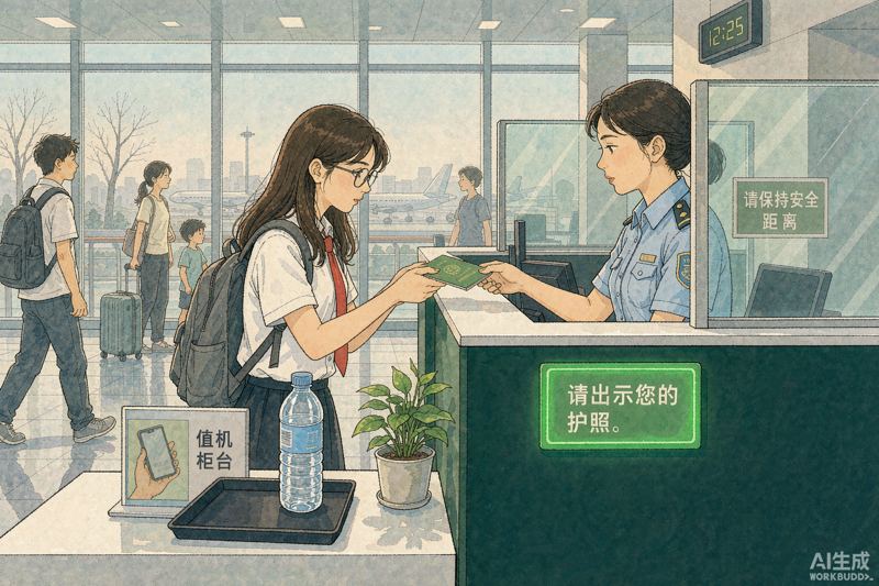 Student at an immigration counter in a Chinese airport