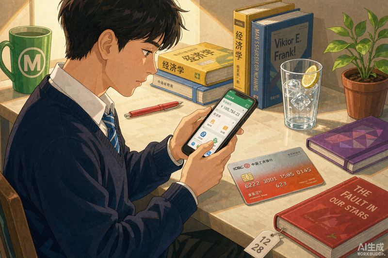 Student looking at a Chinese UnionPay bank card and banking app
