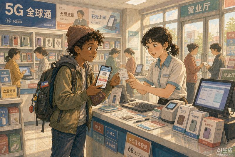 International student buying a Chinese SIM card at a carrier store