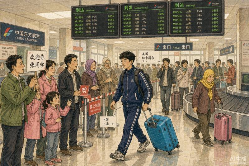 China airport arrival - international student arriving at a Chinese airport arrival hall