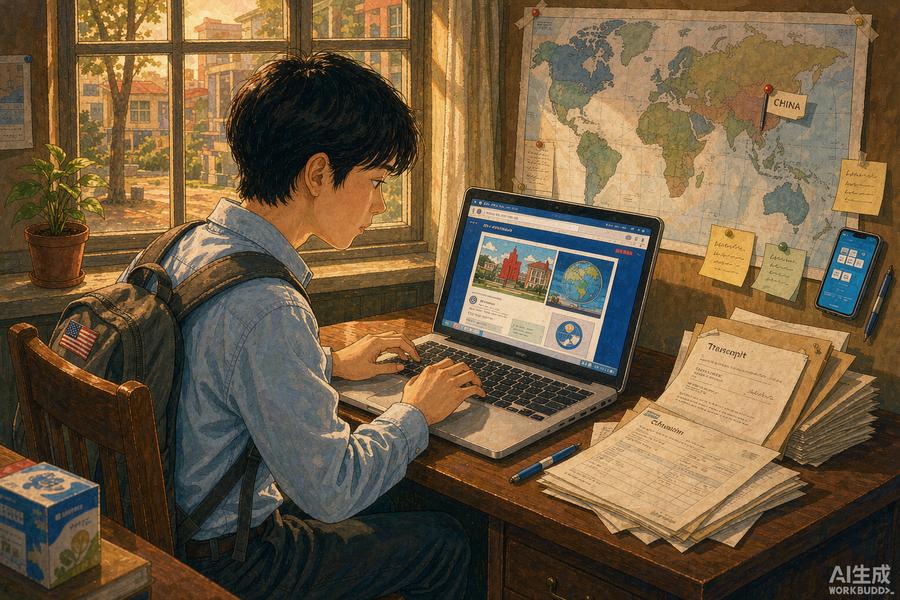 International student applying to Chinese universities online on a laptop with admission documents