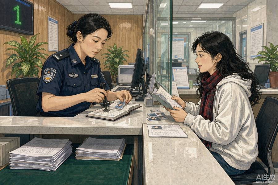 Officer placing a residence permit sticker into a student passport at a Chinese Exit-Entry Administration office