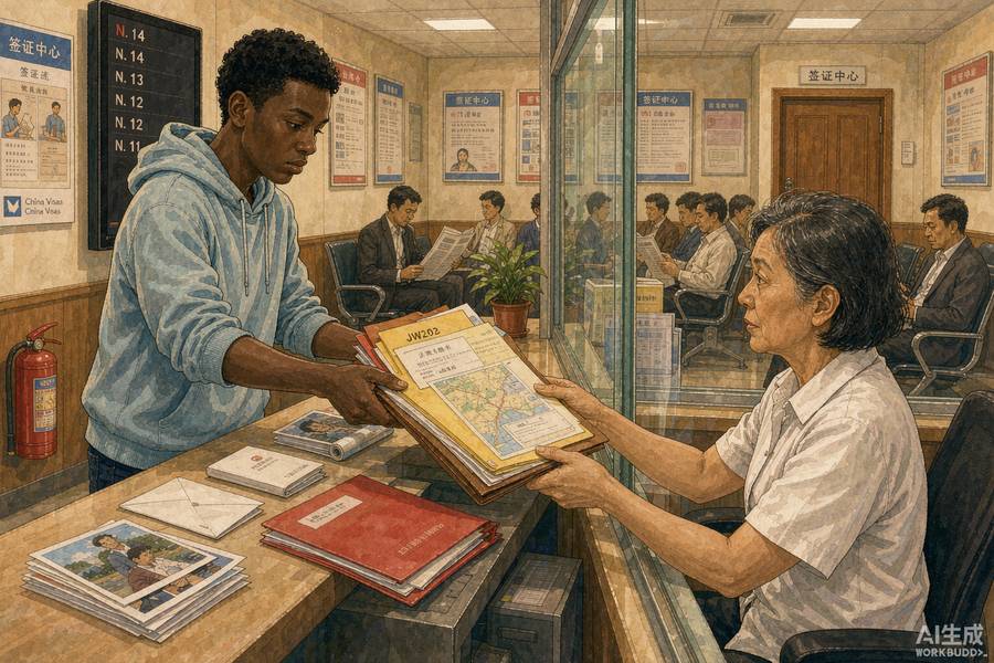 China student visa application - international student submitting documents at a visa application service center