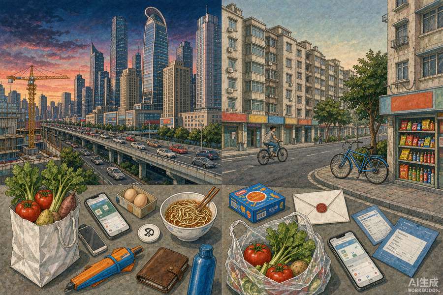 Cost of living comparison between a first-tier Chinese city skyline and a mid-tier Chinese city street