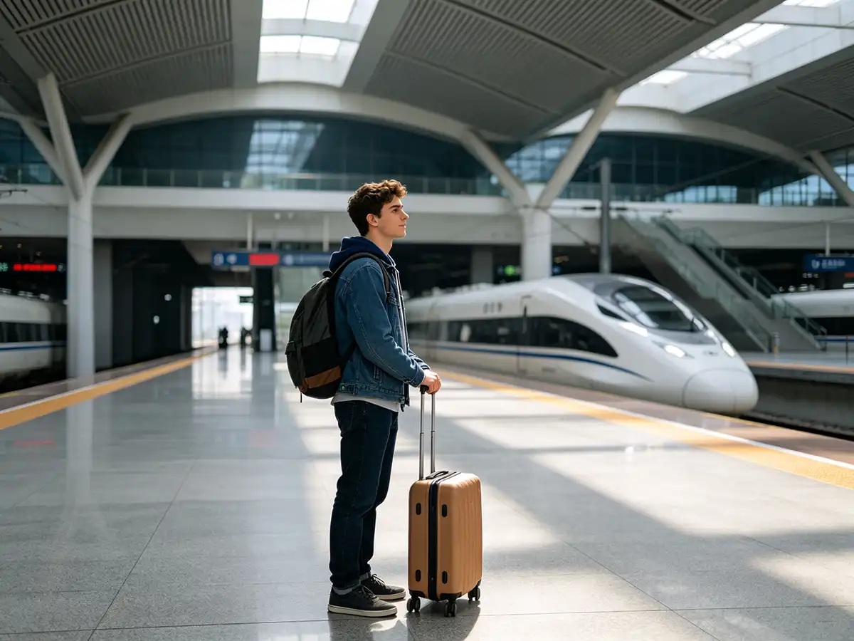 International student traveling by high speed rail in China