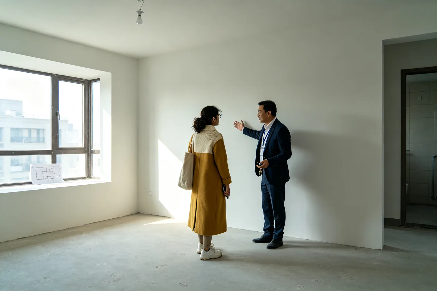 International student viewing an empty apartment with a Chinese agent in daylight