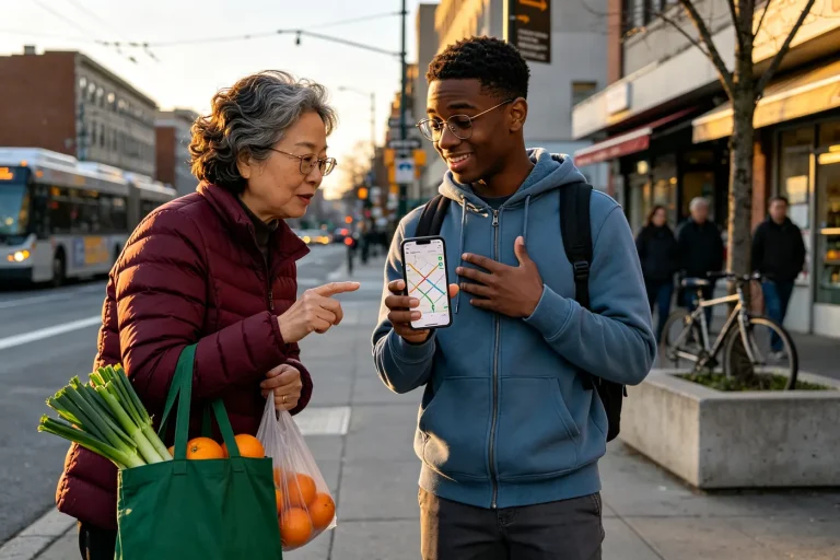 International student showing a map on his phone to a local woman on a Chinese street