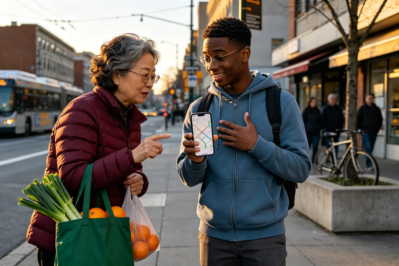 International student showing a map on his phone to a local woman on a Chinese street