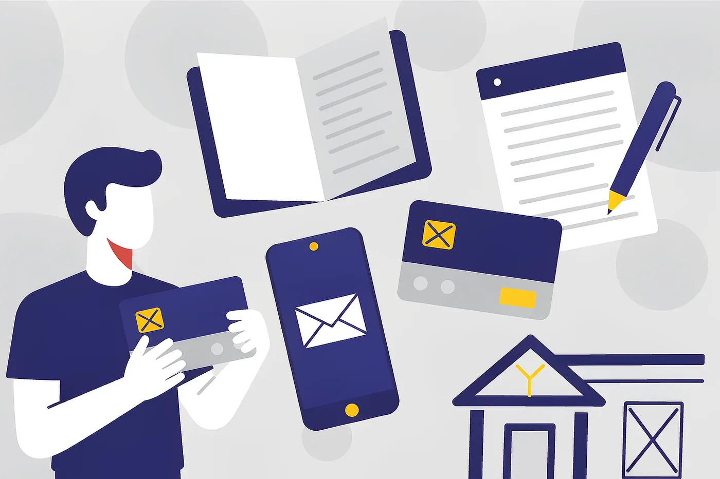 Flat illustration of opening a bank account in China with a passport, bank card, application form and bank building