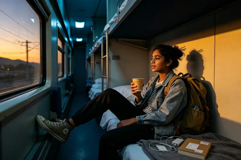 Student sitting on an overnight sleeper train berth with a backpack and the window at dusk