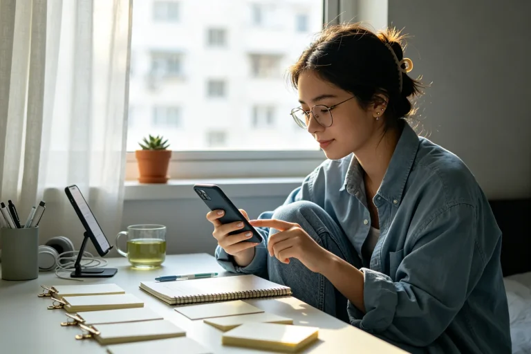 Student reviewing Chinese flashcards on a phone at a desk by the window