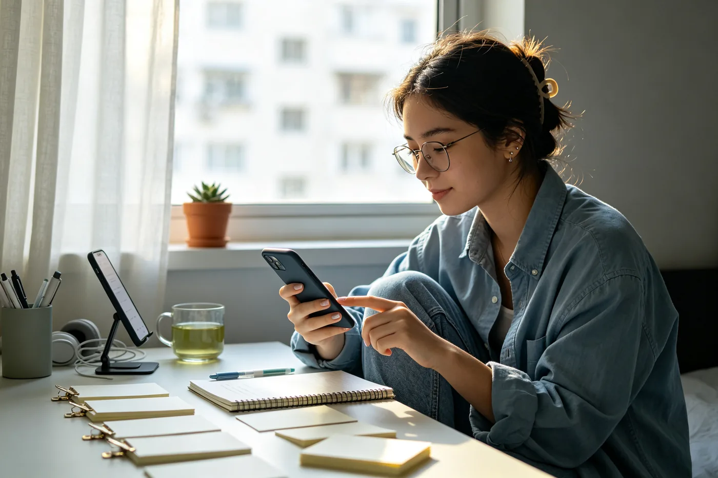 Student reviewing Chinese flashcards on a phone at a desk by the window