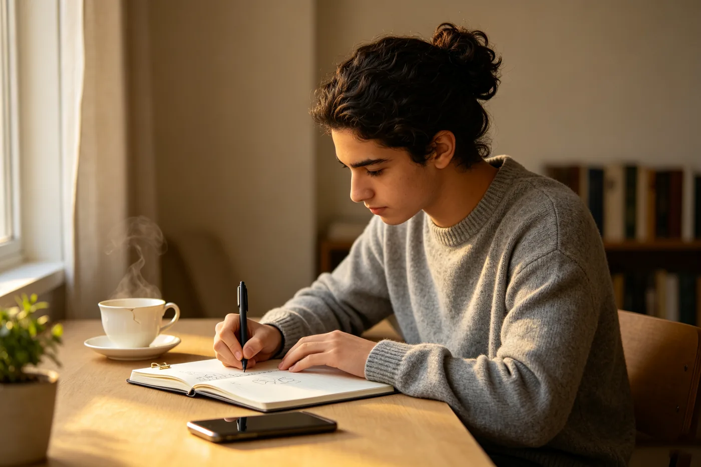 International student writing Chinese characters in a notebook at a desk