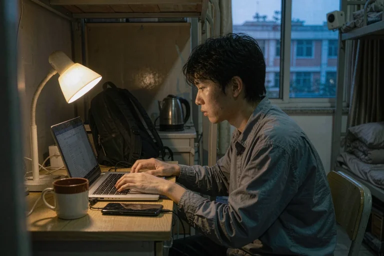 International student connecting to Wi-Fi in a Chinese university dorm room