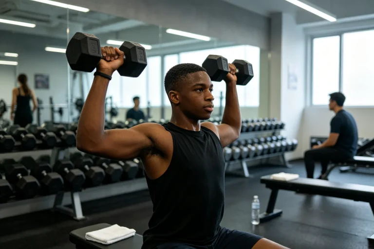 International student lifting dumbbells in a modern Chinese gym