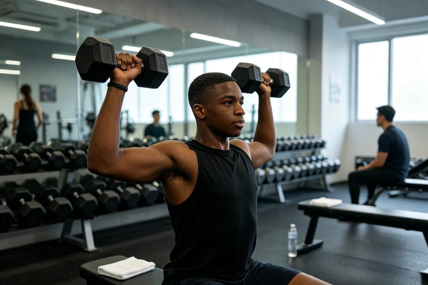International student lifting dumbbells in a modern Chinese gym