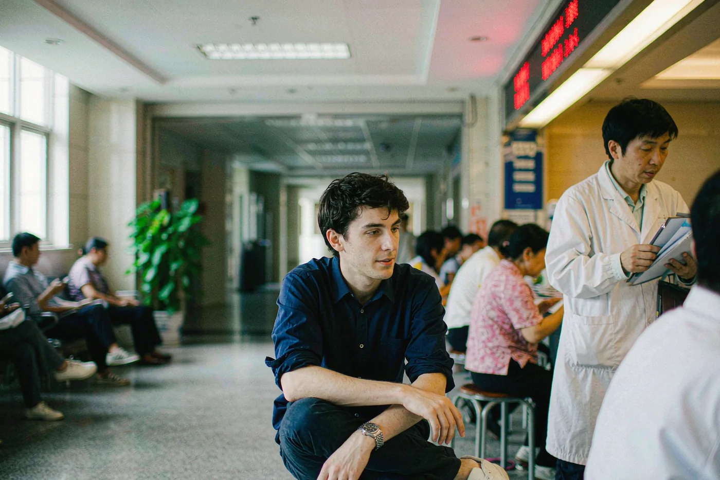 A foreign patient talking with a doctor in the outpatient hall of a Chinese hospital