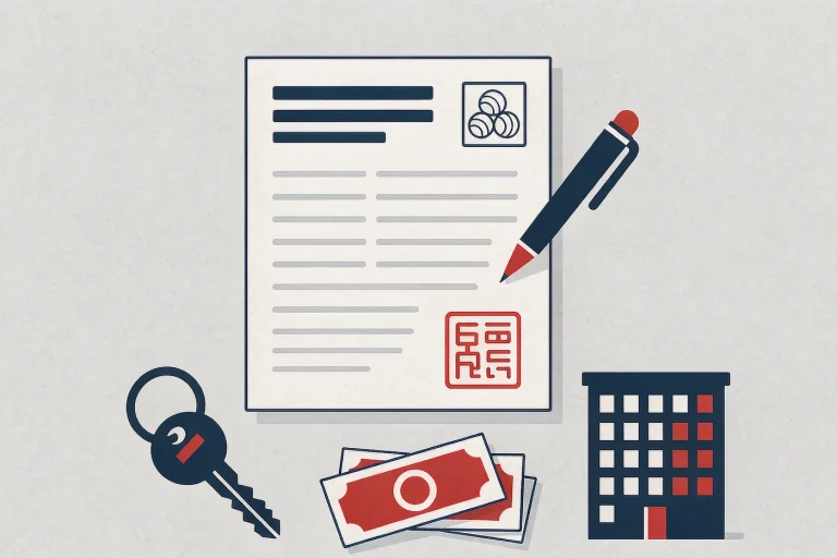 Flat illustration of signing a rental lease in China with a contract, red seal, keys and deposit