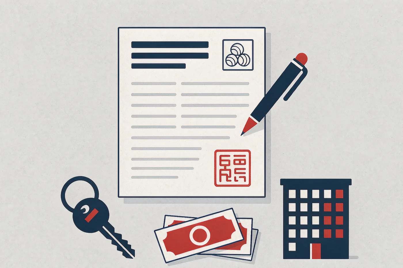 Flat illustration of signing a rental lease in China with a contract, red seal, keys and deposit
