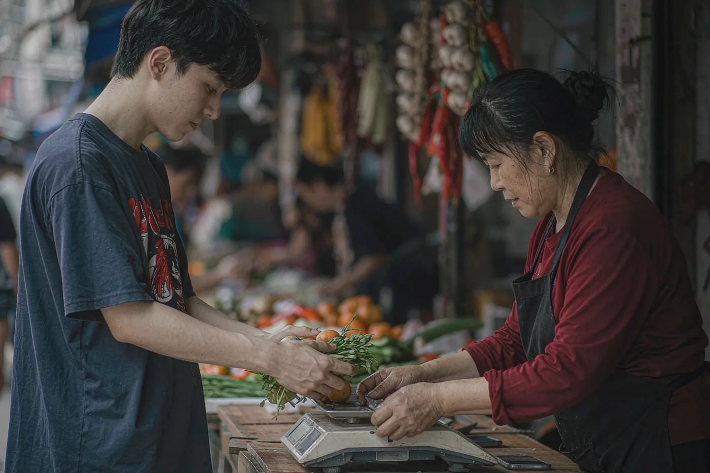 A foreign resident buying vegetables from a vendor at a neighbourhood market in China