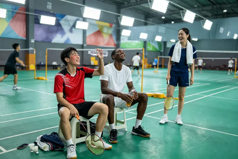 International student taking a break with Chinese friends during a badminton session