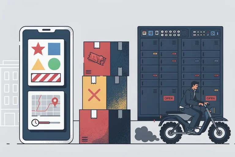 Flat illustration of online shopping in China with a shopping app, parcels and a parcel pickup locker