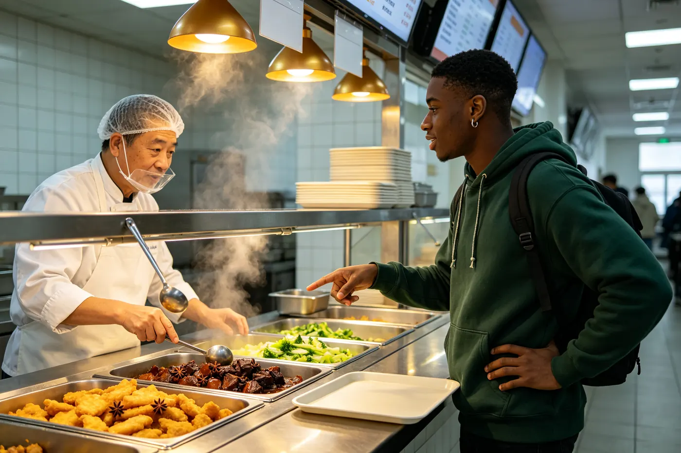 International student pointing at dishes along a university canteen counter