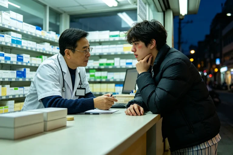 International student asking a pharmacist for advice at a Chinese pharmacy counter