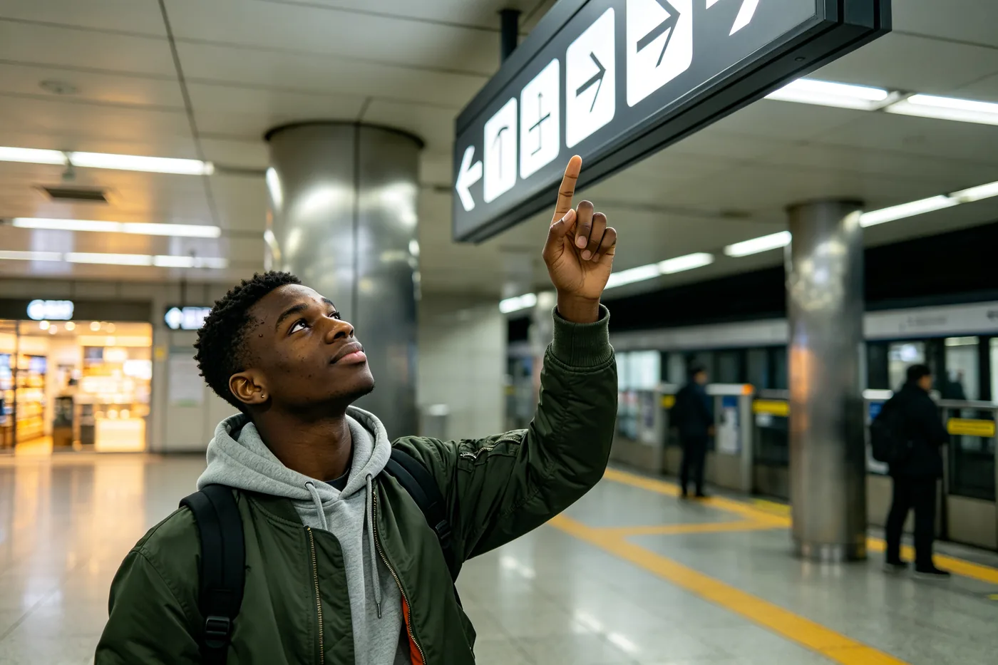 International student reading a metro exit sign in a Chinese station