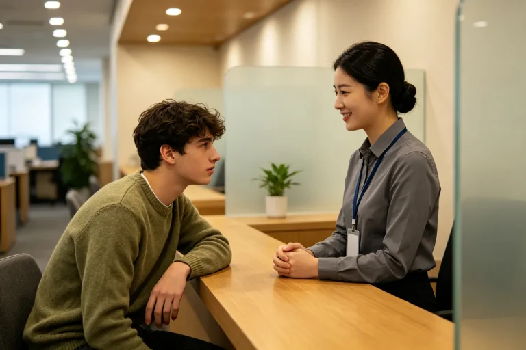 A student speaking with a bank teller across a counter
