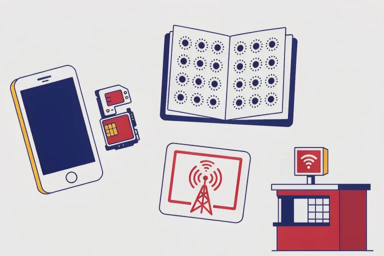 Flat illustration of getting a Chinese SIM card with a smartphone, SIM tray, passport and mobile shop counter