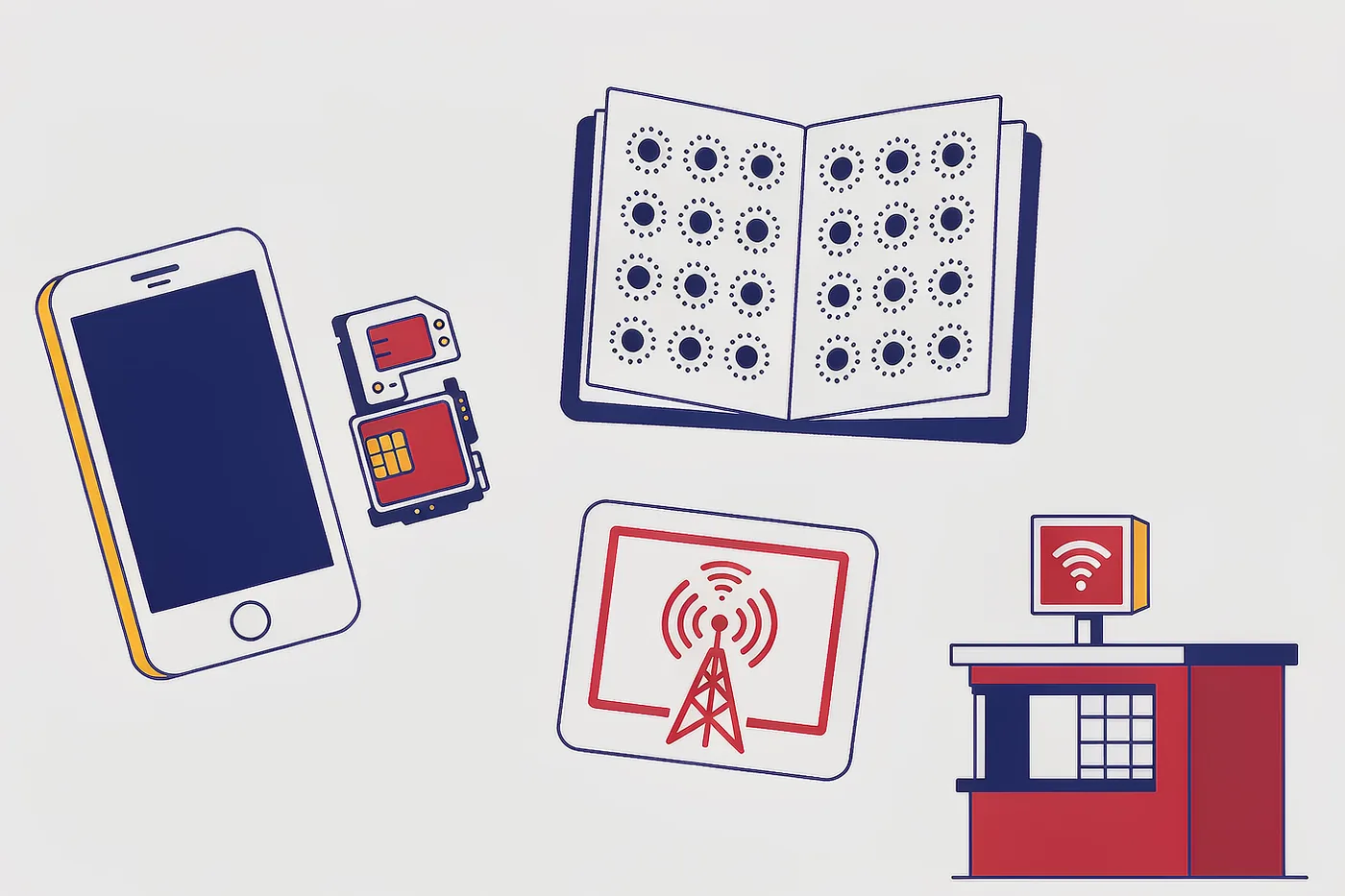 Flat illustration of getting a Chinese SIM card with a smartphone, SIM tray, passport and mobile shop counter