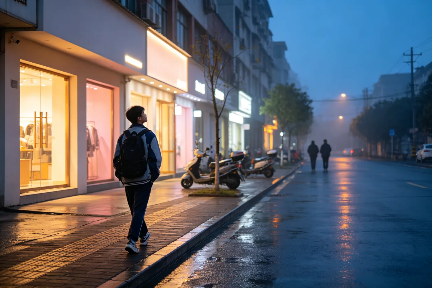 A well-lit city street at night with a student walking calmly