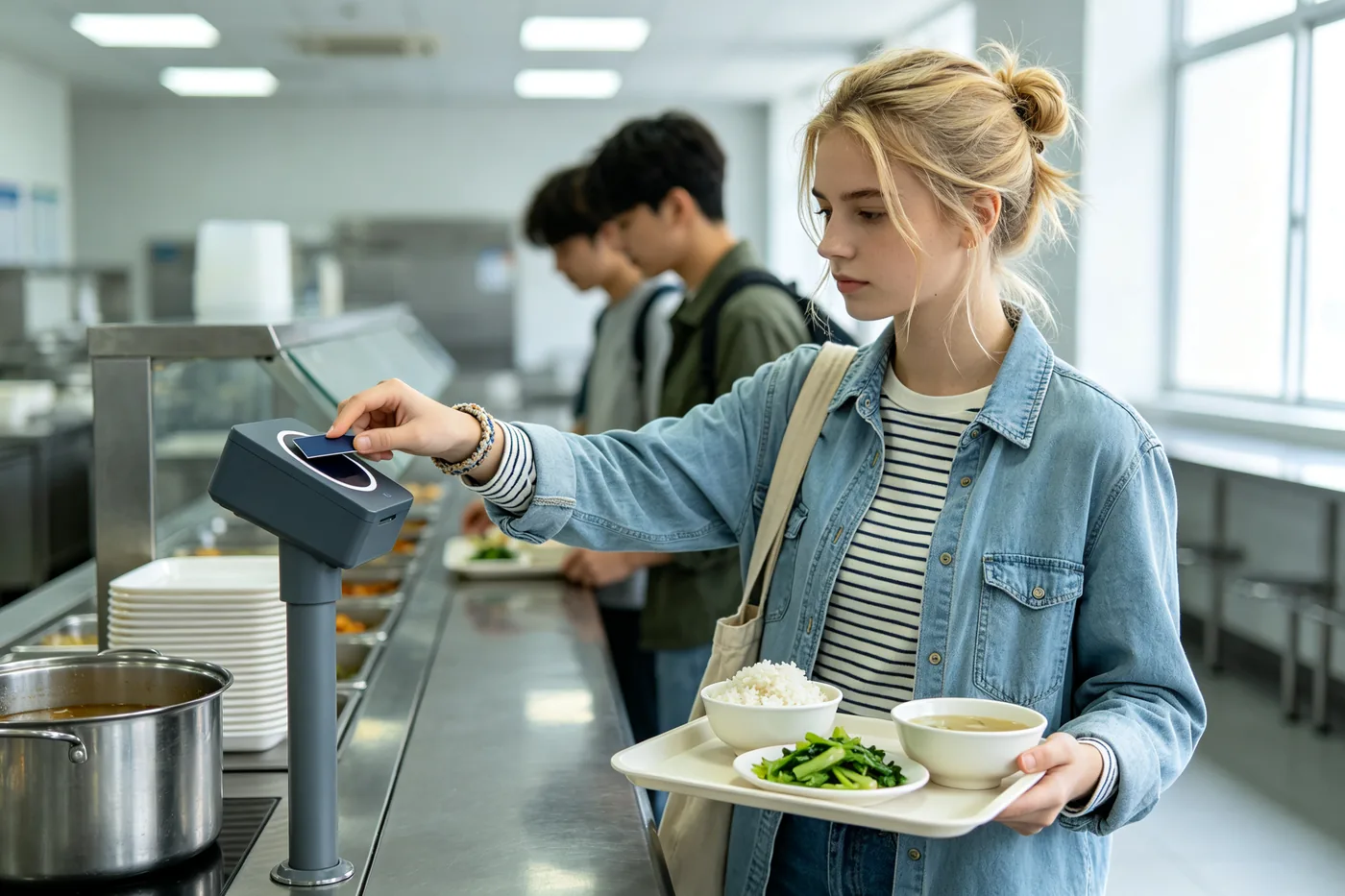 International student tapping a campus card on a canteen payment terminal