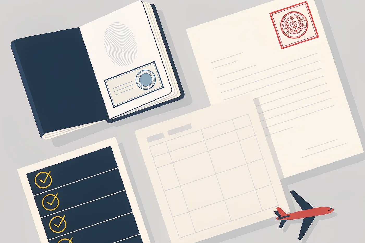 Flat illustration of a Chinese student visa application with a passport, admission letter, application form and checklist