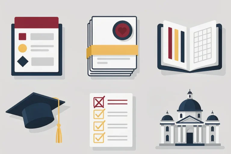 Flat illustration of applying to Chinese universities with an application form, transcripts, passport and campus building