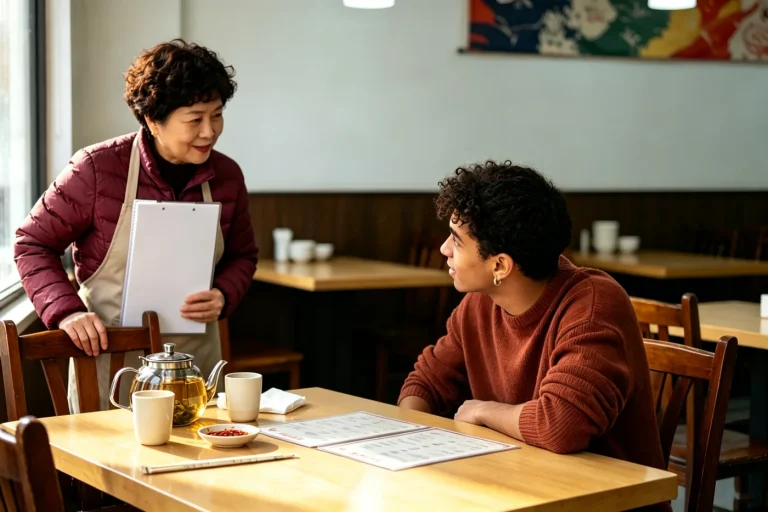 International student discussing a meat-free dish with a server at a Chinese vegetarian restaurant