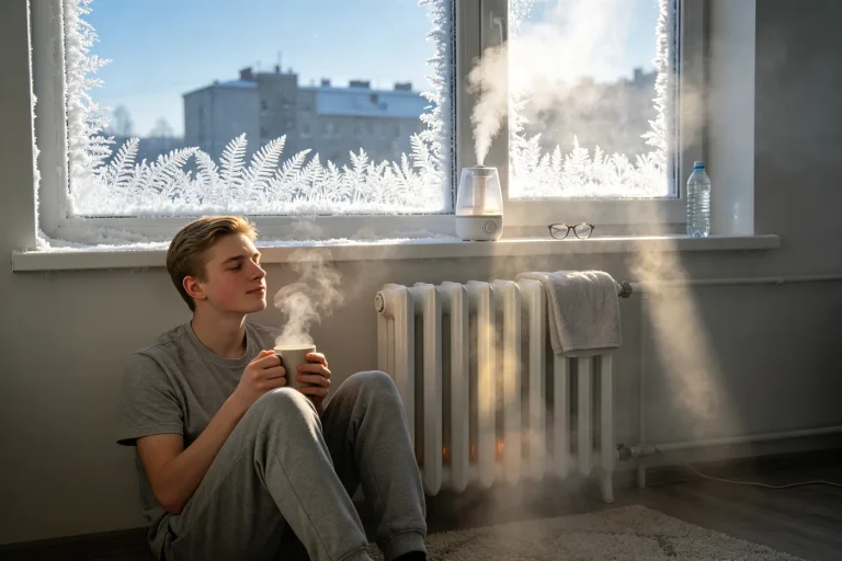 Radiator under a frosted window in a warm northern Chinese apartment