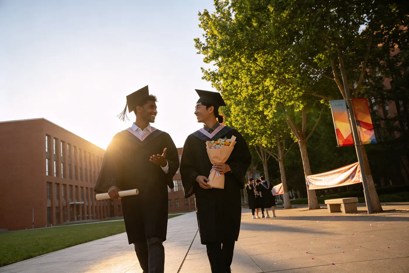 Two international graduates in gowns talking on campus after the ceremony