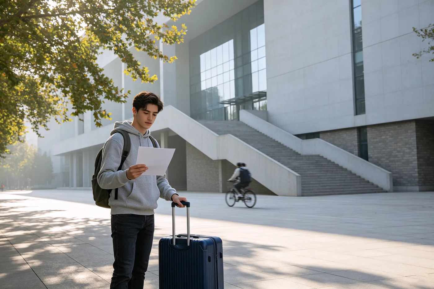 International student with a suitcase arriving at a university building