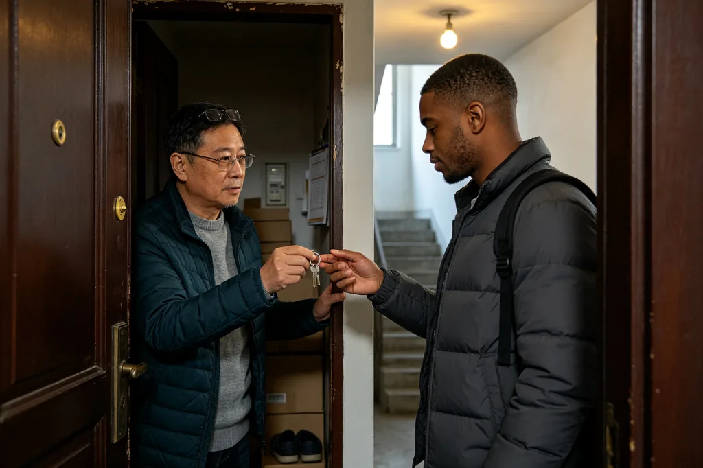 Landlord handing keys to an international student in a flat doorway