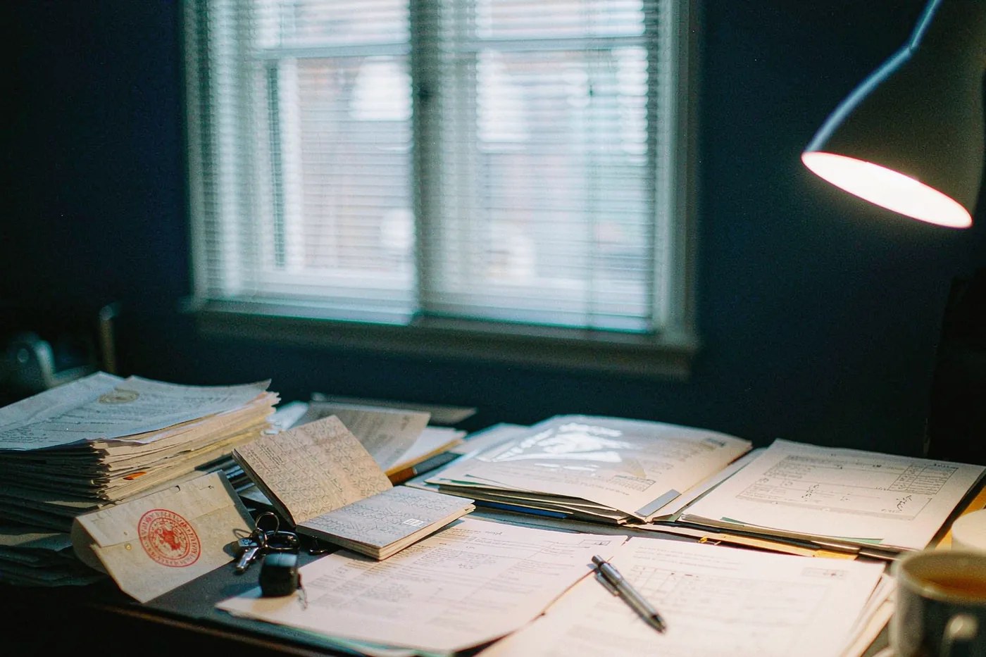 Scholarship application documents laid out on a desk with a passport and transcripts