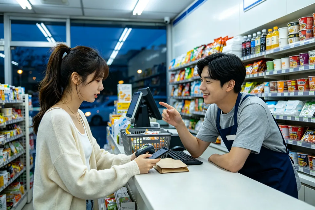 Student asking a convenience store assistant for help finding an item
