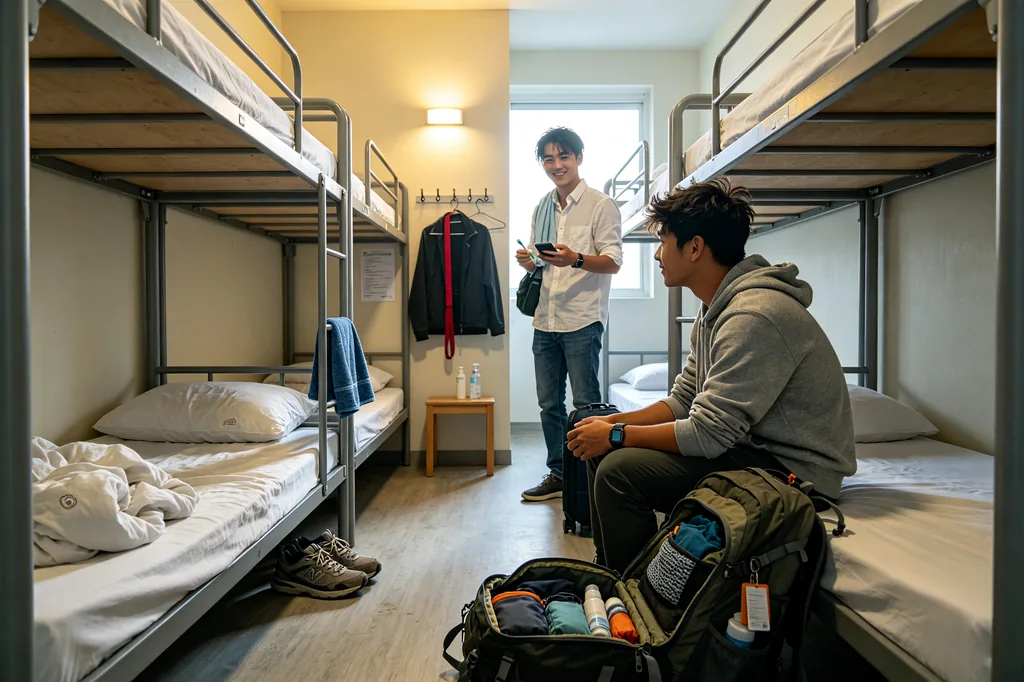 Morning in a hostel dormitory room with bunk beds and backpacks