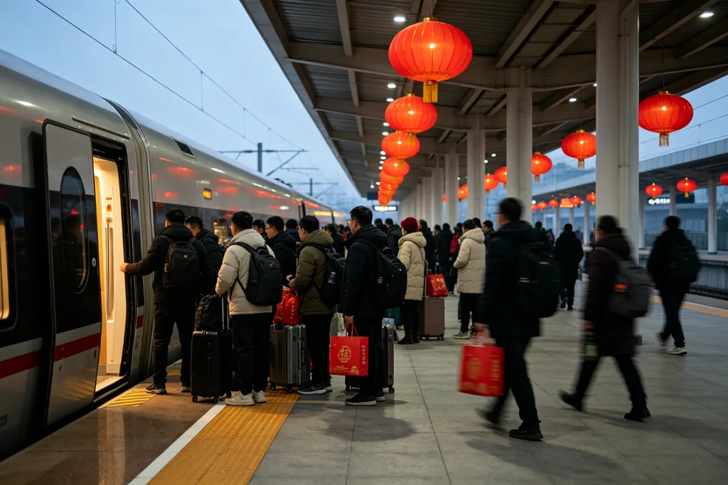 A festive night street with red lanterns and streaming crowds