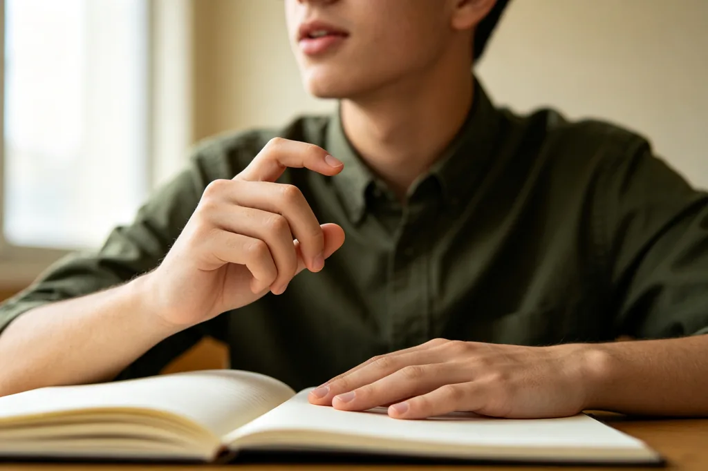 Close-up of a hand gesturing while speaking
